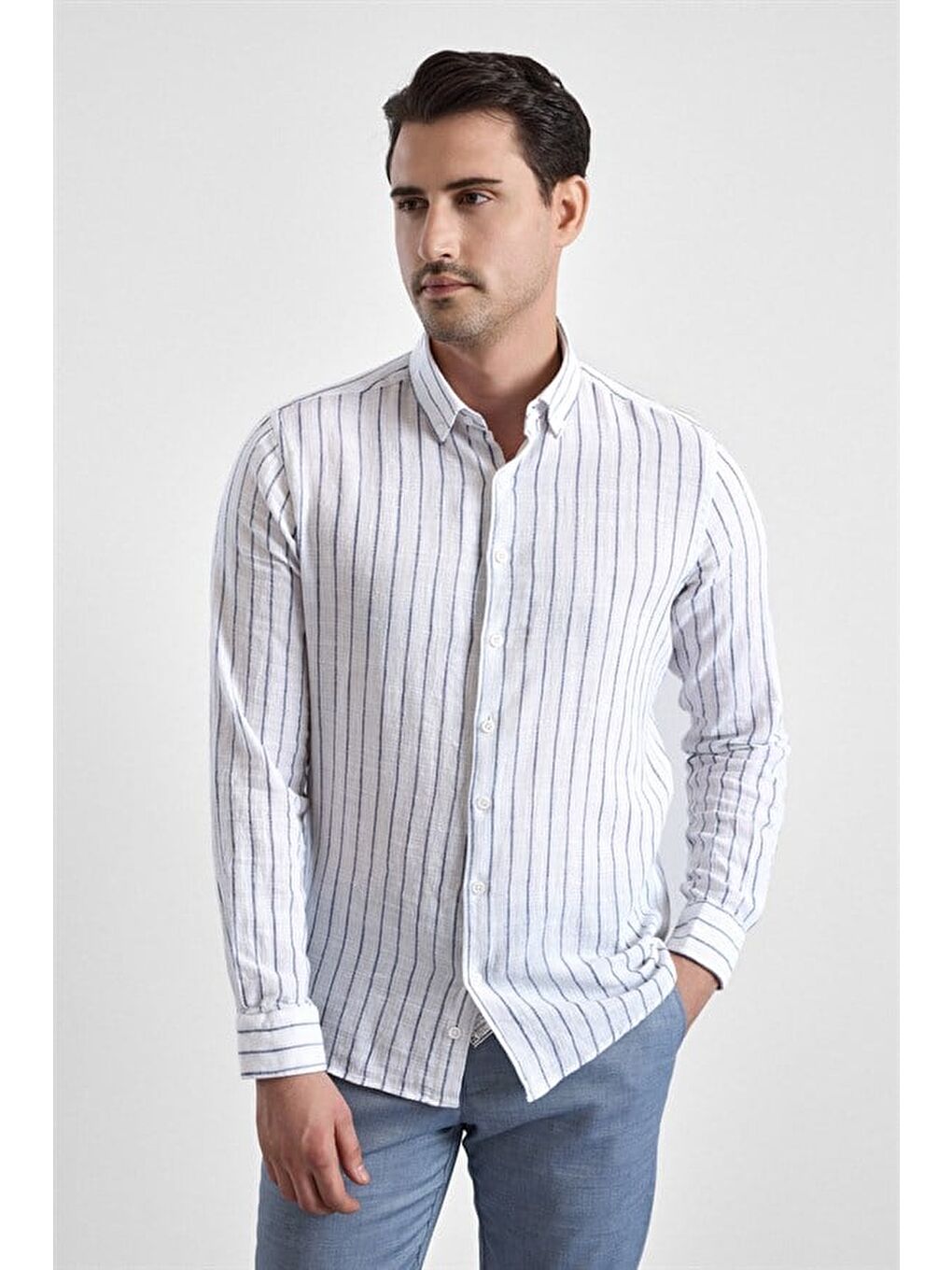 Buz Mavi Slim Klasik Yaka Düz Casual Gömlek-7