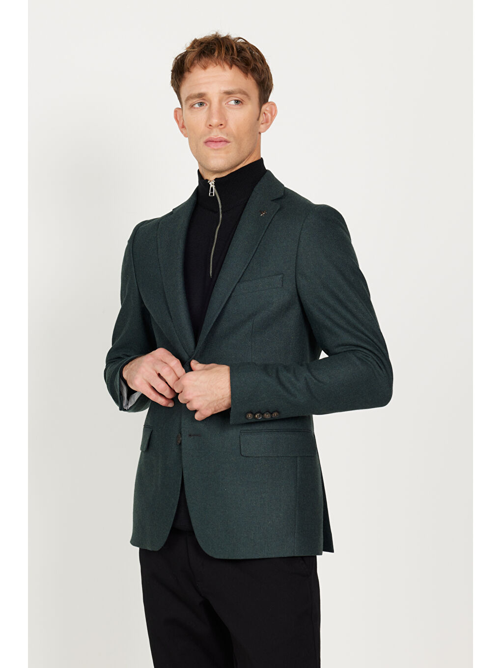 Erkek Yeşil Slim Fit Dar Kesim Mono Yaka Desenli Yünlü Ceket-6