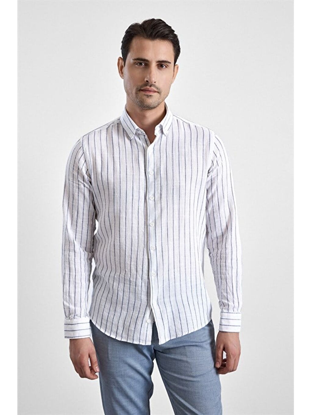 Buz Mavi Slim Klasik Yaka Düz Casual Gömlek-8