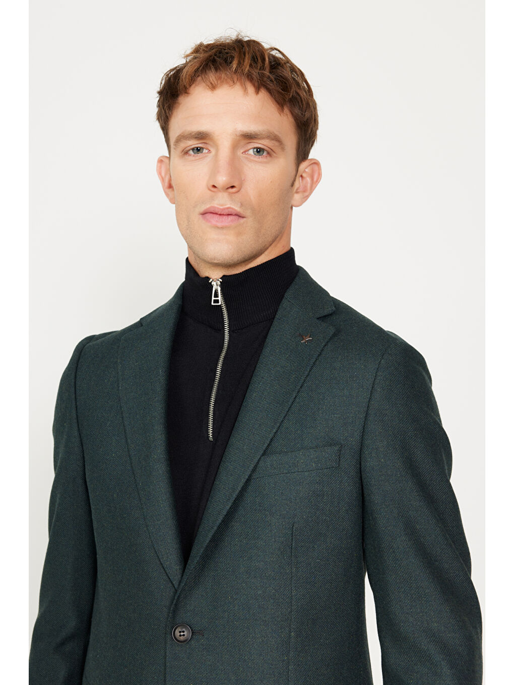 Erkek Yeşil Slim Fit Dar Kesim Mono Yaka Desenli Yünlü Ceket-8