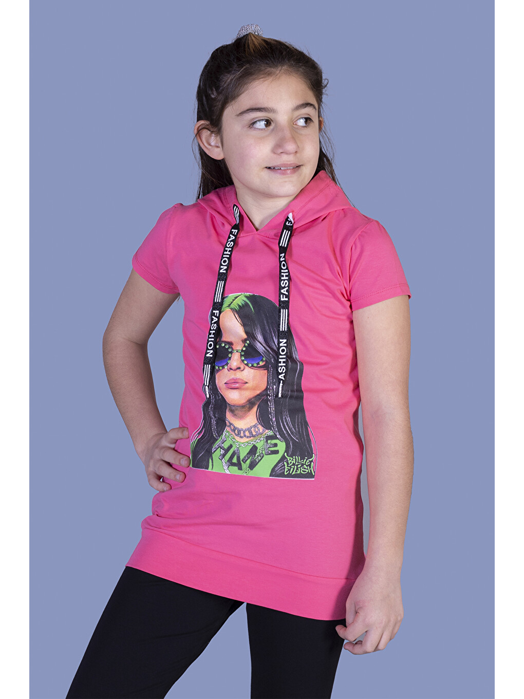Fuşya Kız Çocuk Billie Eilish Baskılı Kapüşonlu Tişört
