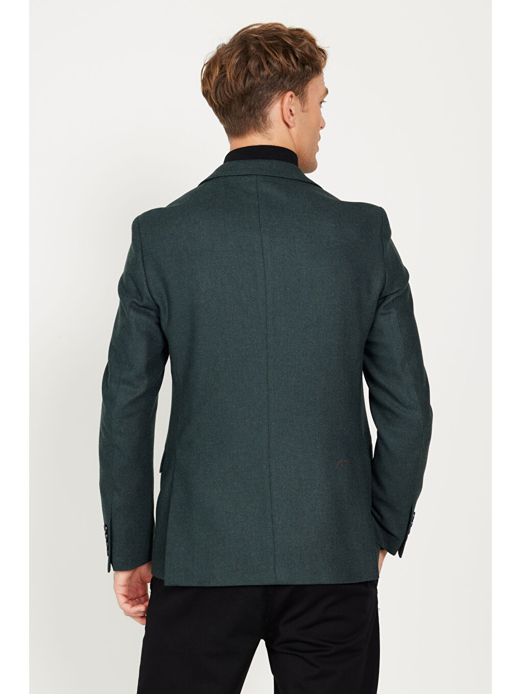 Erkek Yeşil Slim Fit Dar Kesim Mono Yaka Desenli Yünlü Ceket-9