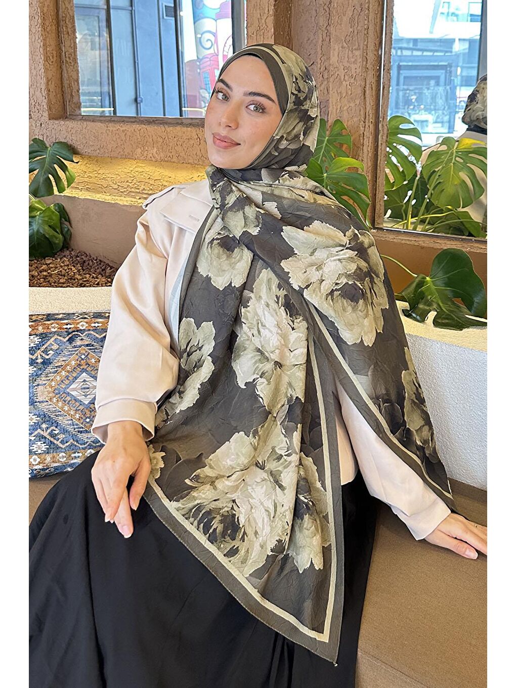 Flower Desen Bambu Şal Koyu Yeşil