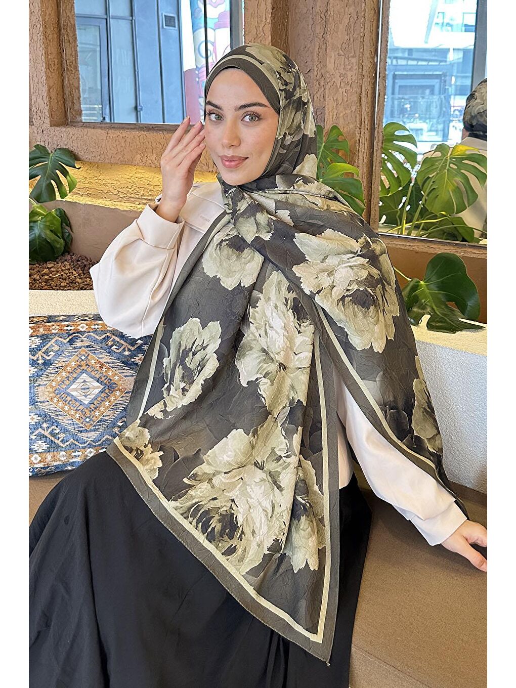 Flower Desen Bambu Şal Koyu Yeşil-1