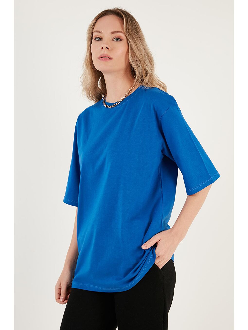 Lela Saks Pamuklu Oversize Bisiklet Yaka T Shirt 5864562 - 1