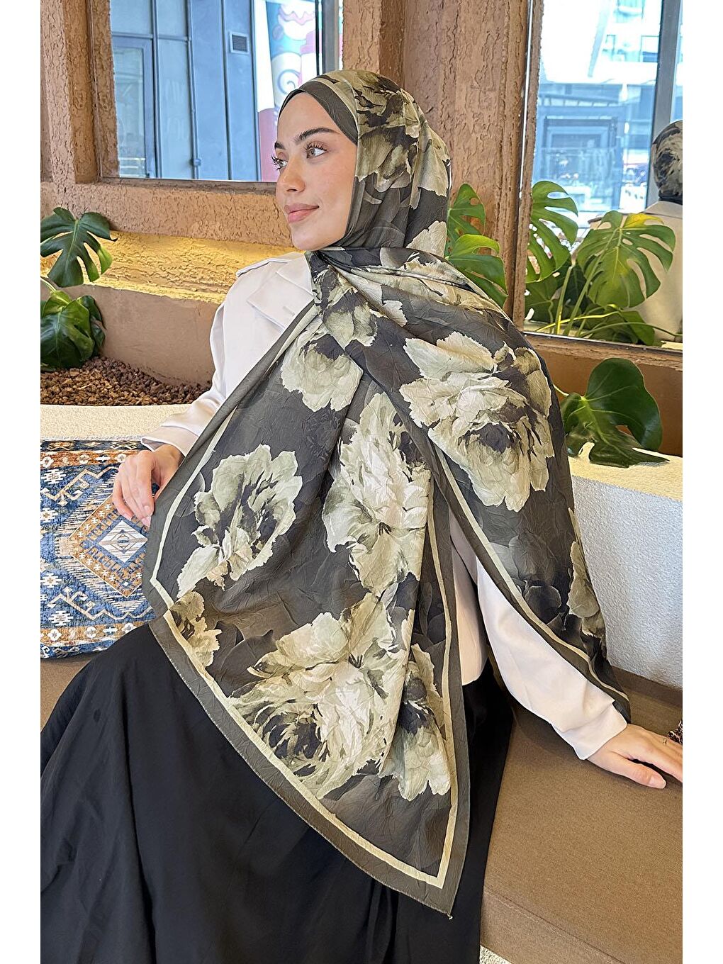 Flower Desen Bambu Şal Koyu Yeşil-2