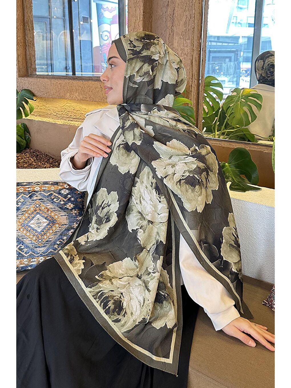 Flower Desen Bambu Şal Koyu Yeşil-3