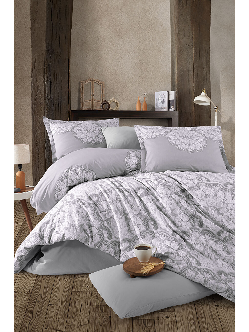 %100 Pamuk Nevresim Takımı Çift Kişilik Tabula Gri-2