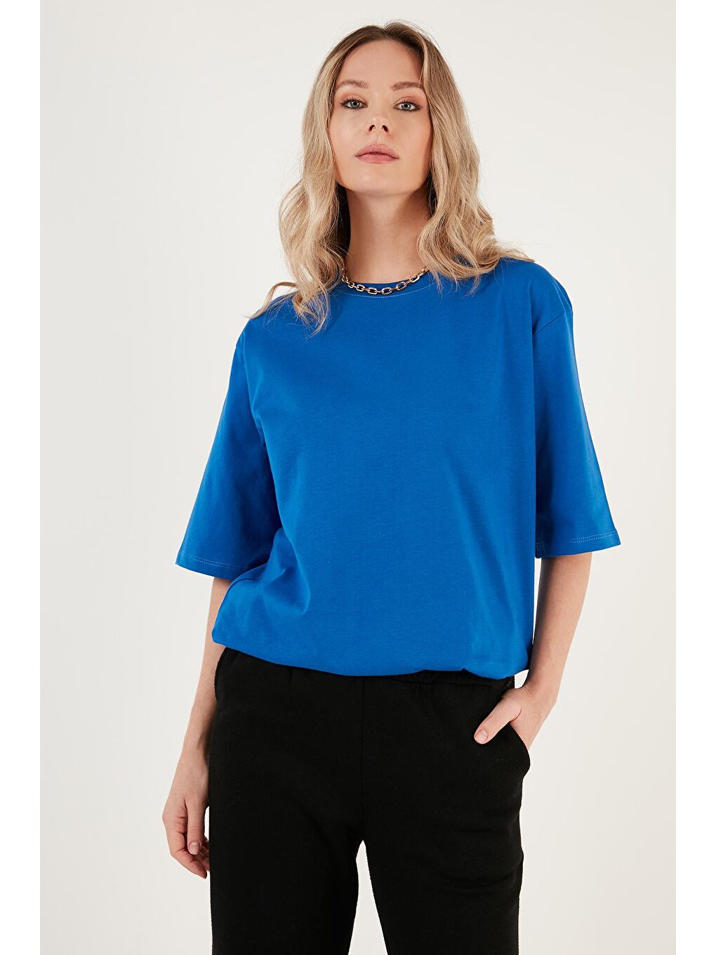 Lela Saks Pamuklu Oversize Bisiklet Yaka T Shirt 5864562 - 3