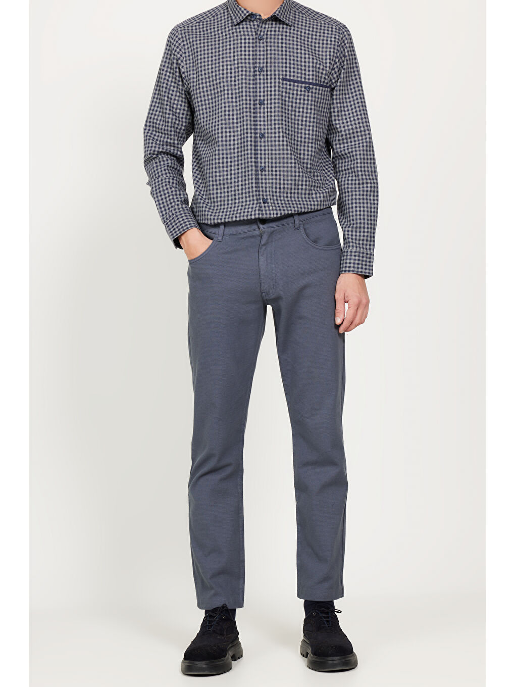 Erkek Gri-Mavi Comfort Fit Rahat Kesim 5 Cep Armürlü Pamuklu Pantolon