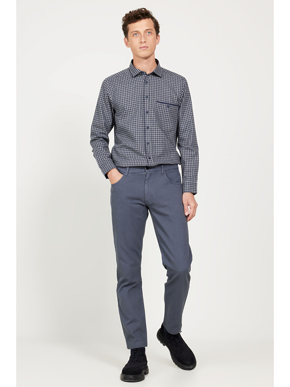 Erkek Gri-Mavi Comfort Fit Rahat Kesim 5 Cep Armürlü Pamuklu Pantolon-2