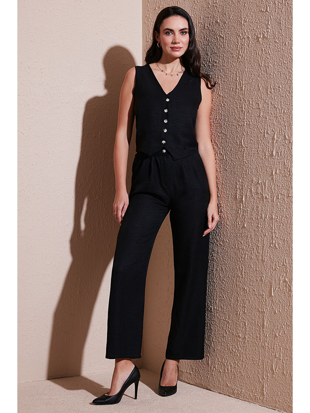 Siyah Regular Fit Bol Paça Yelekli Kadın Takım 67045162S4-1