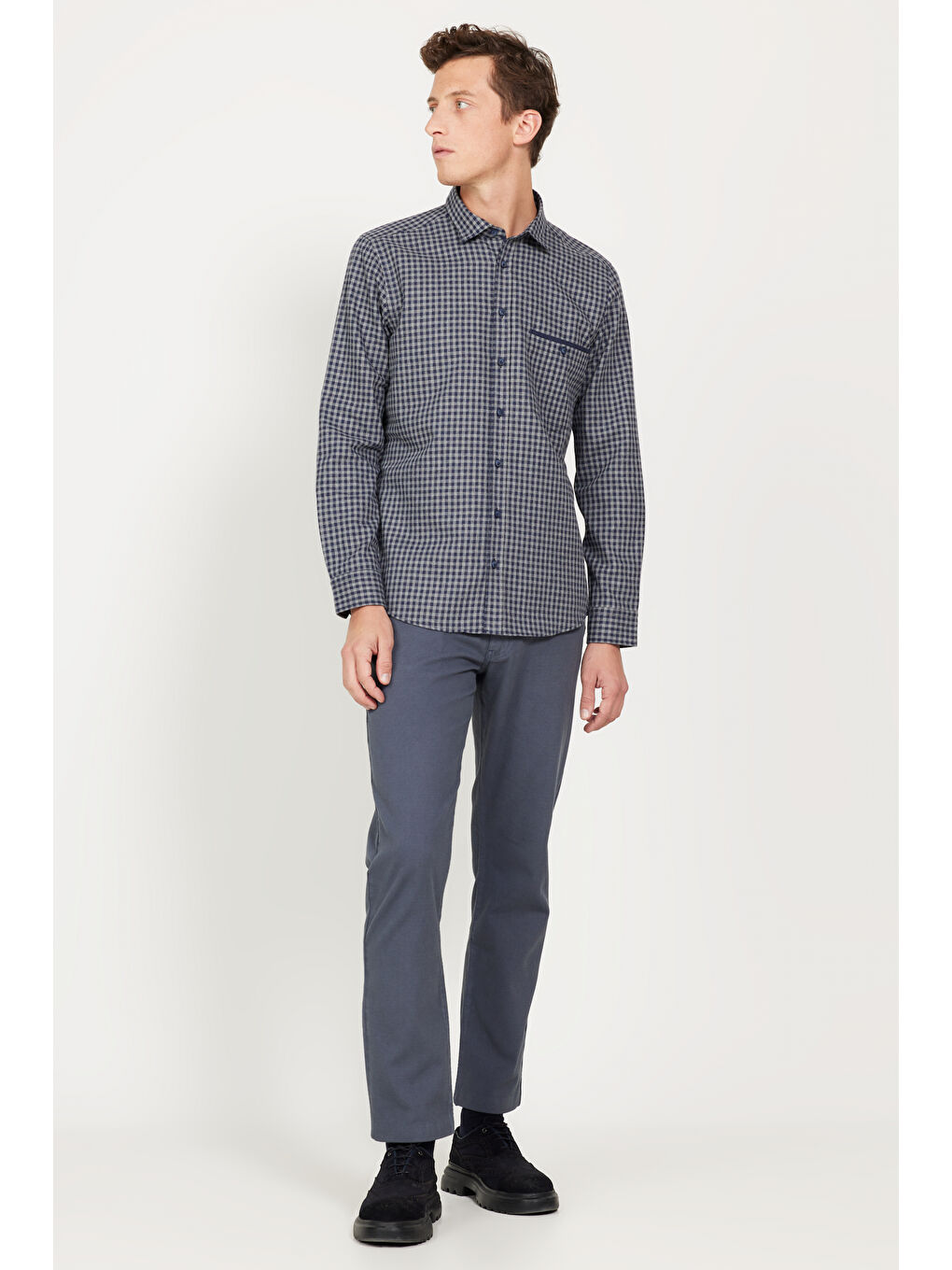 Erkek Gri-Mavi Comfort Fit Rahat Kesim 5 Cep Armürlü Pamuklu Pantolon-3