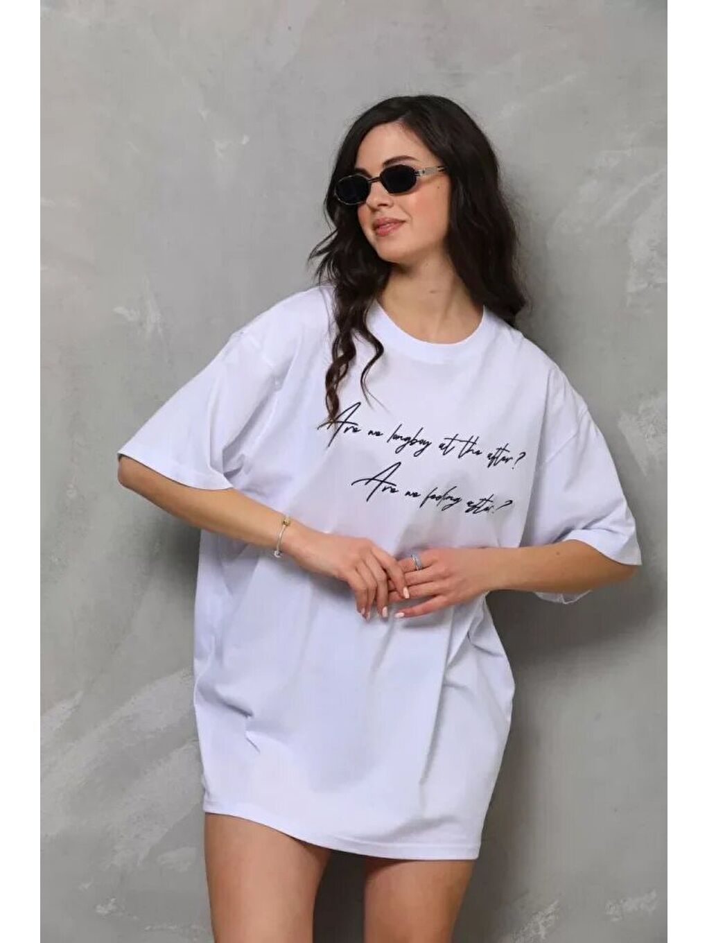 Unisex Bisiklet Yaka Baskılı Oversize T-Shirt - Beyaz-1