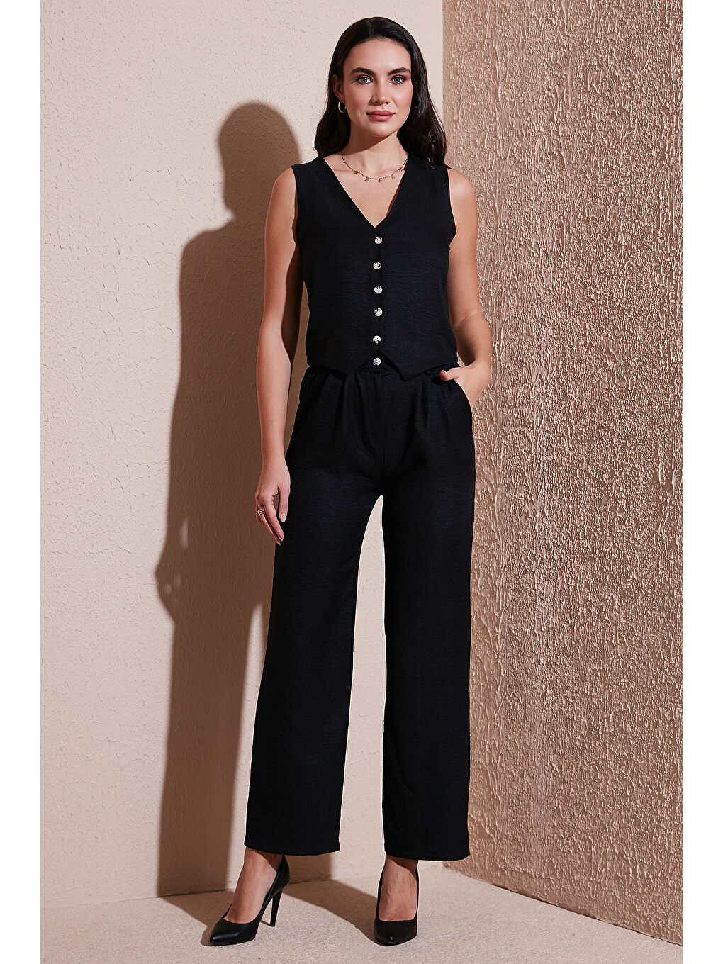 Siyah Regular Fit Bol Paça Yelekli Kadın Takım 67045162S4-2