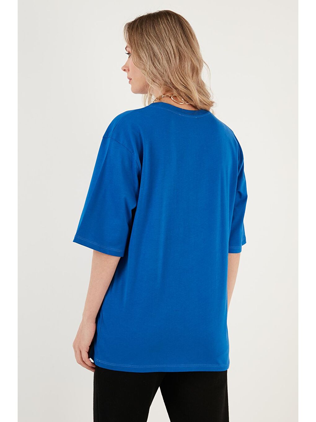 Lela Saks Pamuklu Oversize Bisiklet Yaka T Shirt 5864562 - 4