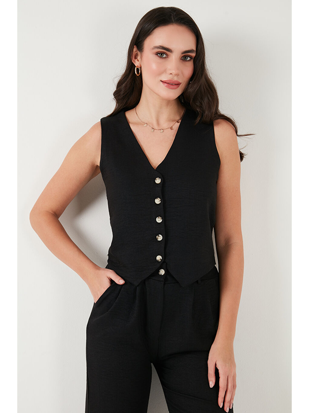 Siyah Regular Fit Bol Paça Yelekli Kadın Takım 67045162S4-4