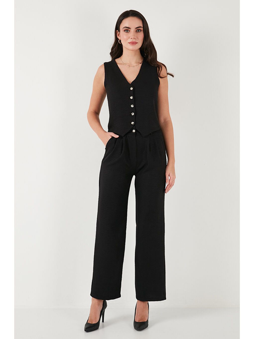 Siyah Regular Fit Bol Paça Yelekli Kadın Takım 67045162S4-5