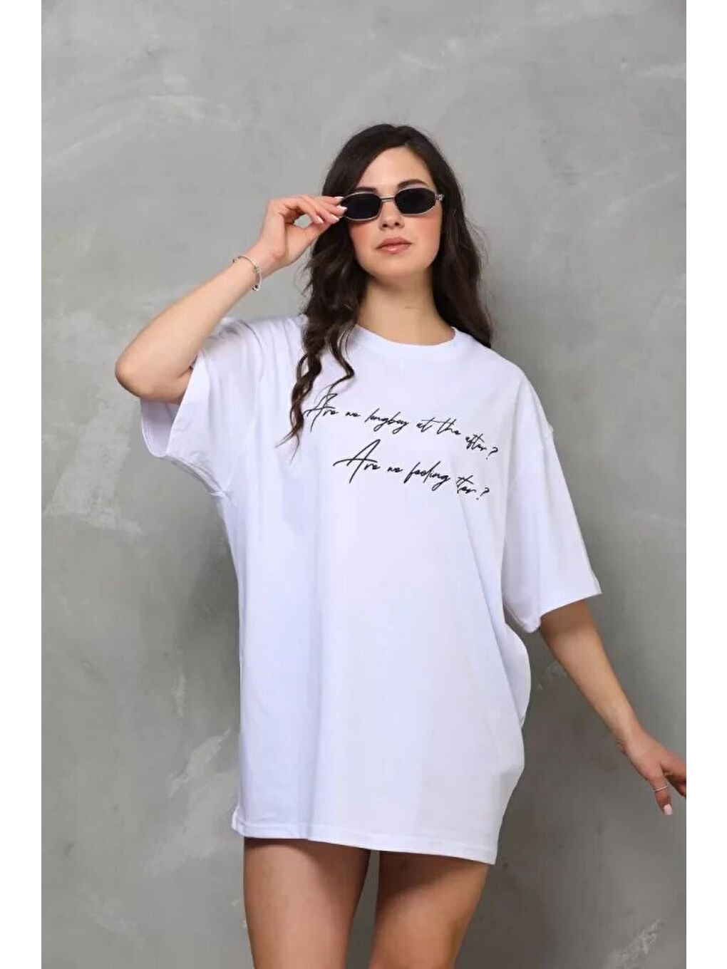 Unisex Bisiklet Yaka Baskılı Oversize T-Shirt - Beyaz-2