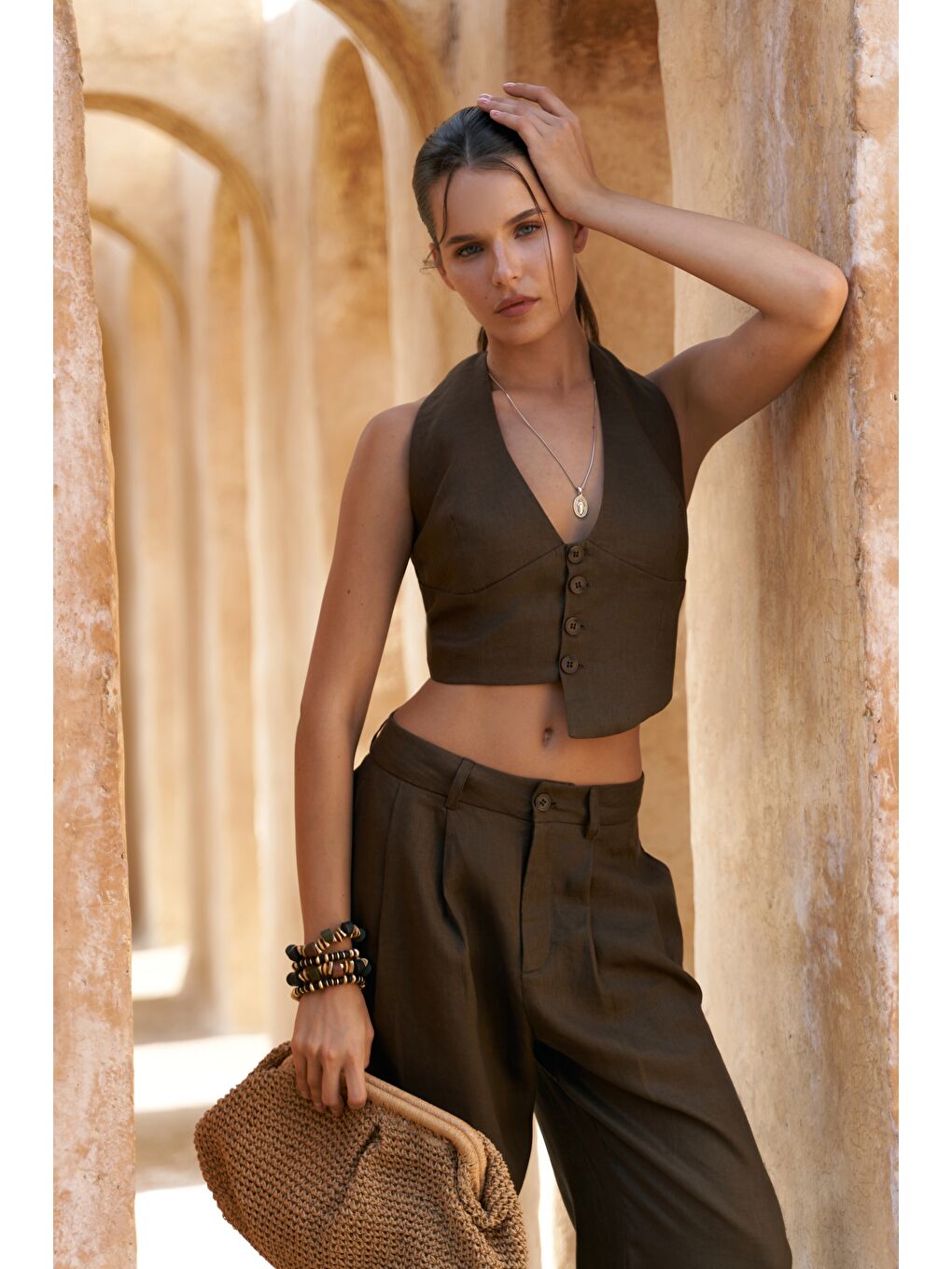Kahverengi Lvdovila Kahve Keten Crop Yelek Pantolon Takım-1