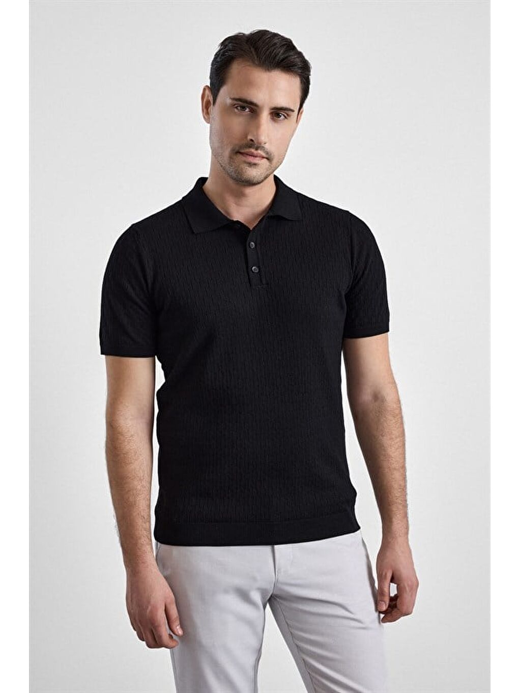 Siyah Regular Düz Düğmeli Polo Yaka Kazak
