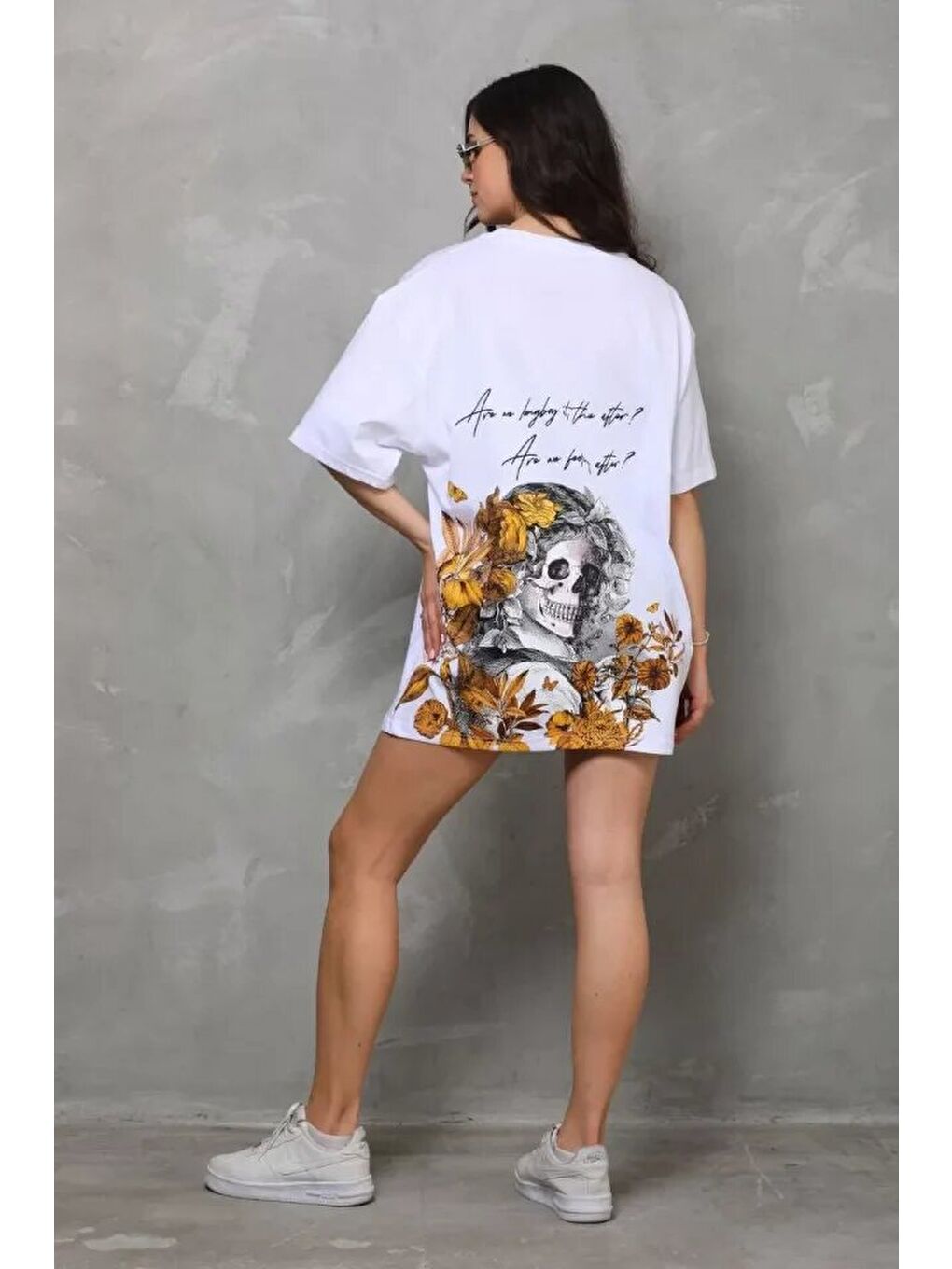 Unisex Bisiklet Yaka Baskılı Oversize T-Shirt - Beyaz-3