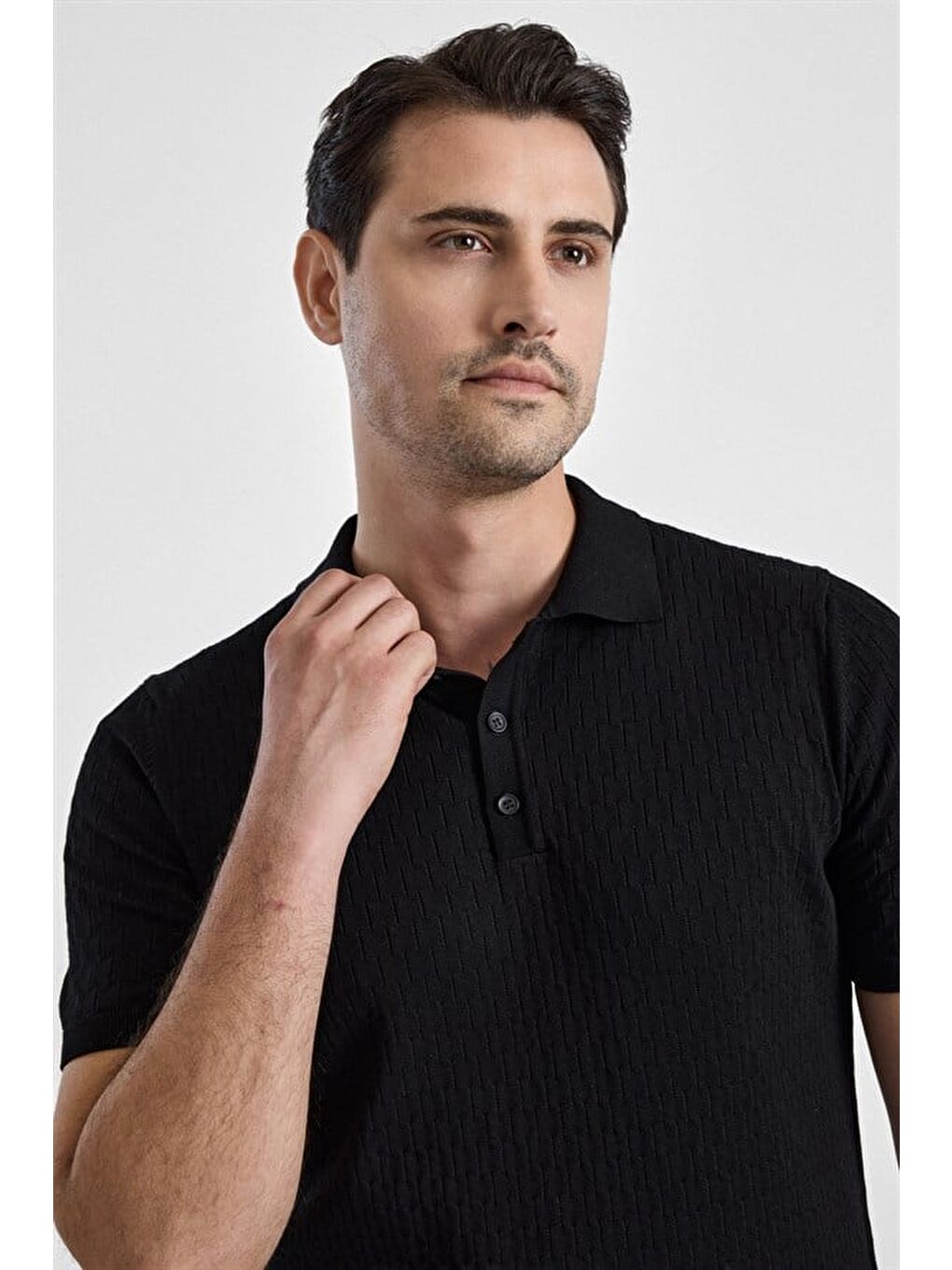 Siyah Regular Düz Düğmeli Polo Yaka Kazak-1