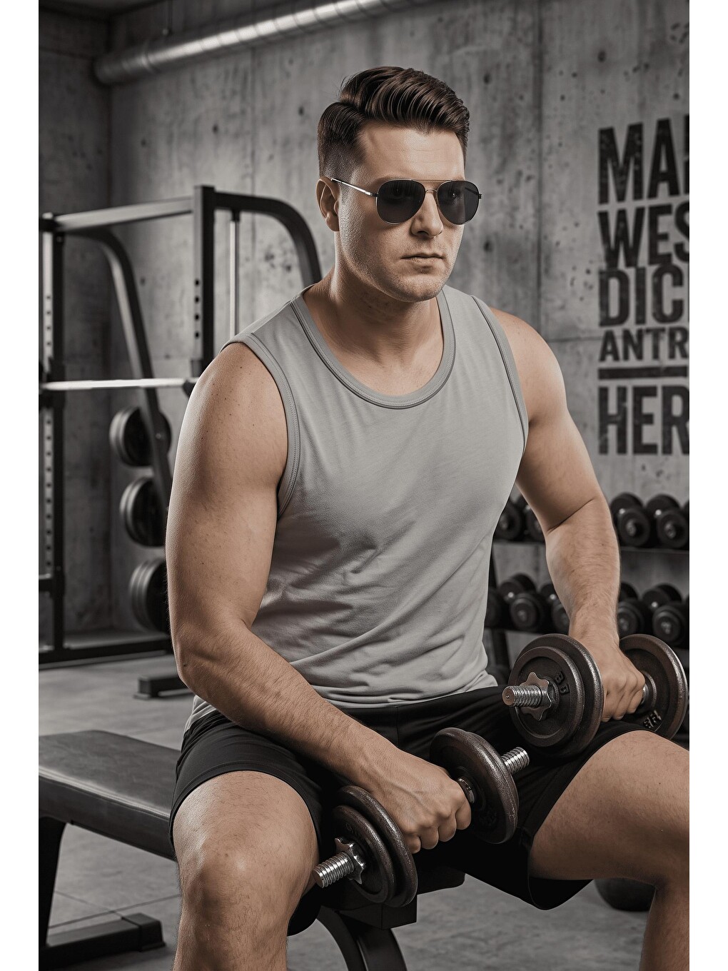 Gri Büyük Beden Biye Detaylı Bisiklet Yaka Erkek Atlet - Fitness Ve Günlük Stil-1