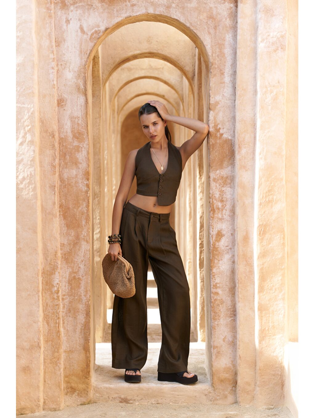 Kahverengi Lvdovila Kahve Keten Crop Yelek Pantolon Takım-2