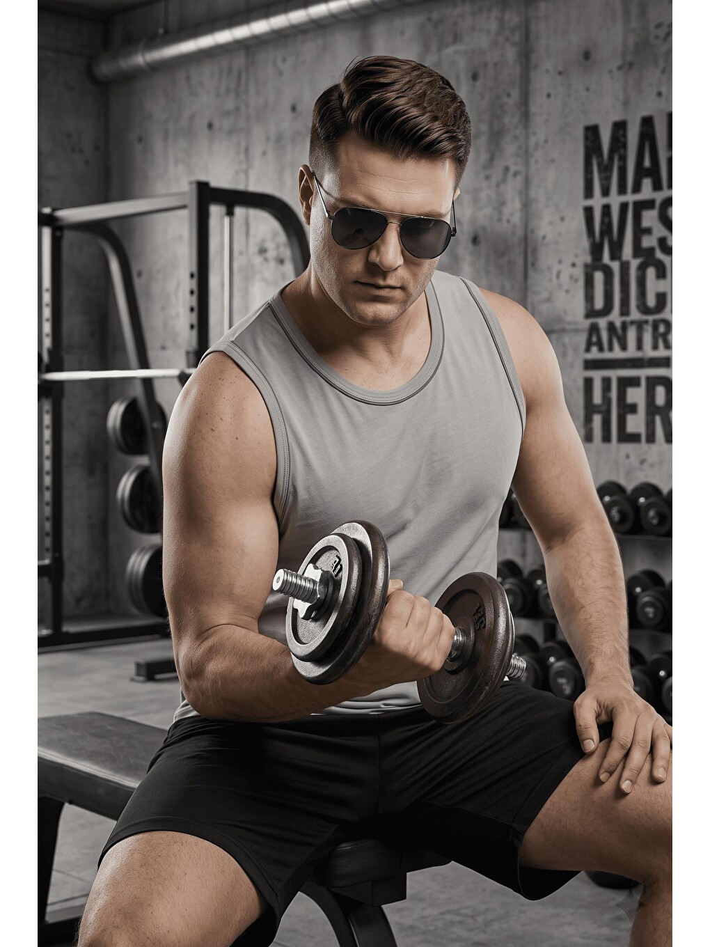 Gri Büyük Beden Biye Detaylı Bisiklet Yaka Erkek Atlet - Fitness Ve Günlük Stil-2