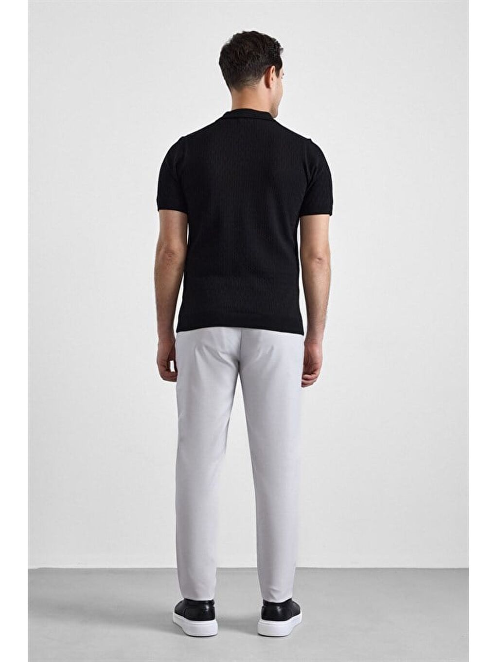 Siyah Regular Düz Düğmeli Polo Yaka Kazak-2