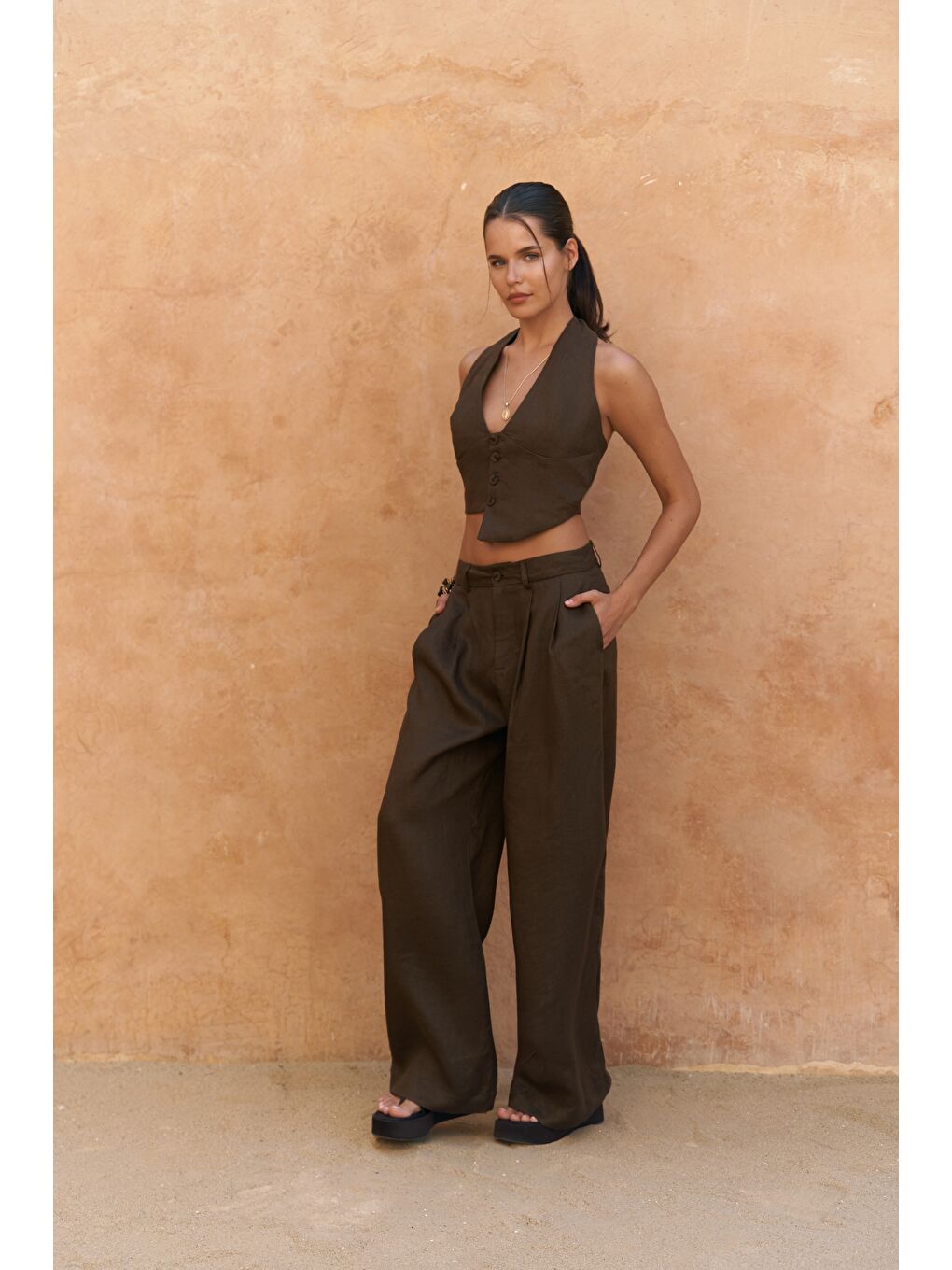 Kahverengi Lvdovila Kahve Keten Crop Yelek Pantolon Takım-3