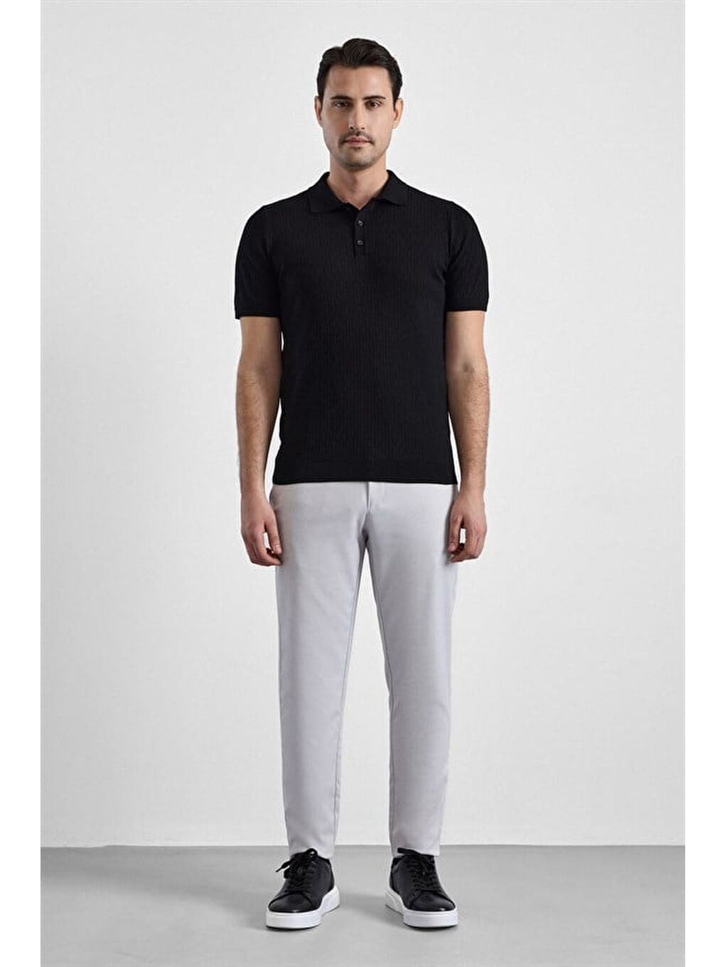 Siyah Regular Düz Düğmeli Polo Yaka Kazak-3