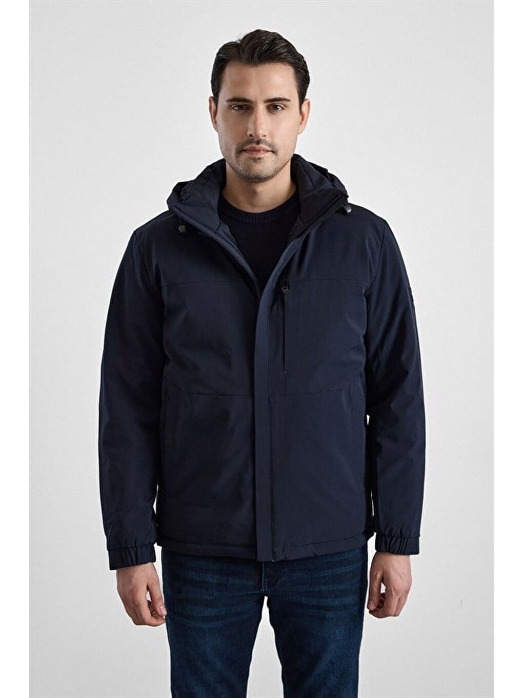 Lacivert Slim Klasik Yaka Düz Yan Cepli Fermuar Kapitone Rüzgar Geçirmez Mont