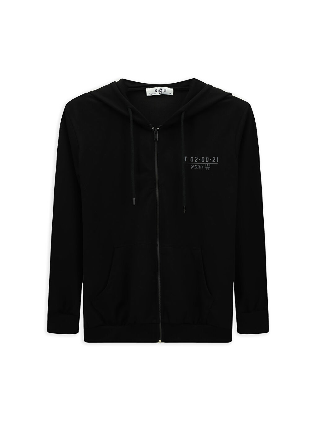 Siyah Kapüşonlu Regular Fit Fermuarlı Baskılı Pamuklu Büyük Beden Sweatshirt