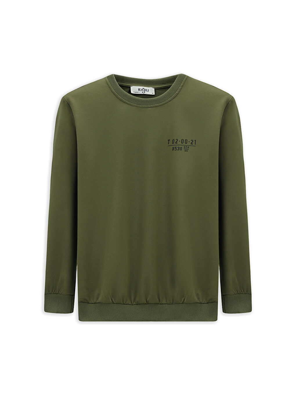 Haki Bisiklet Yaka Regular Fit Baskılı Pamuklu Büyük Beden Sweatshirt