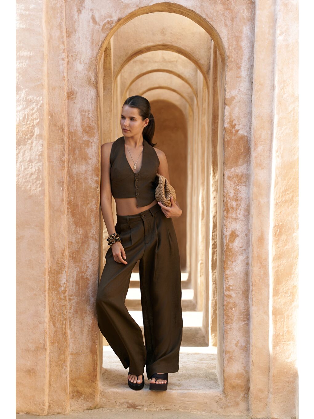 Kahverengi Lvdovila Kahve Keten Crop Yelek Pantolon Takım-5