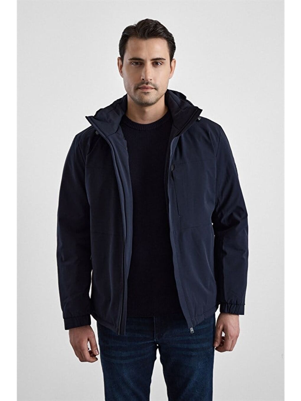 Lacivert Slim Klasik Yaka Düz Yan Cepli Fermuar Kapitone Rüzgar Geçirmez Mont-1