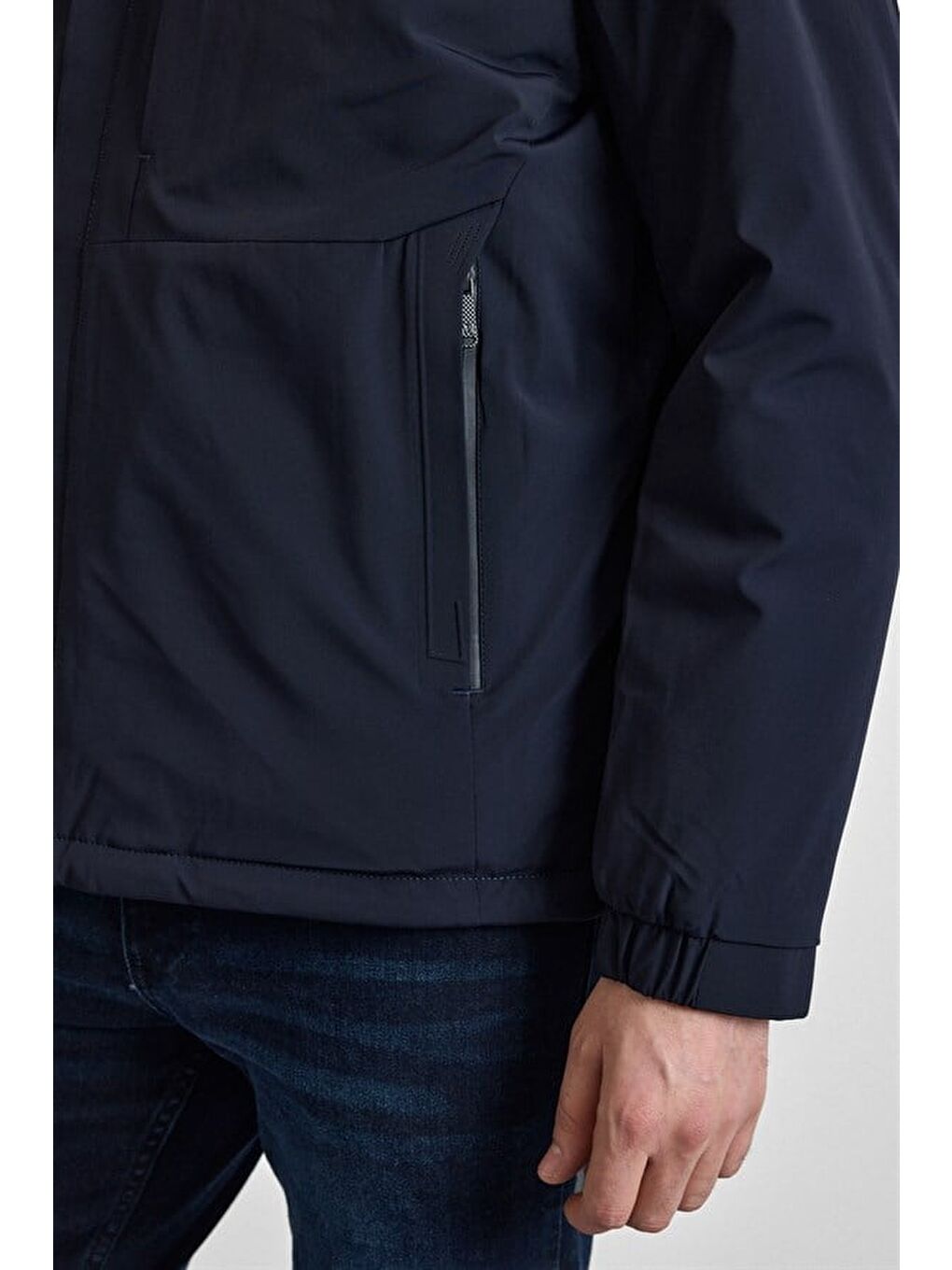 Lacivert Slim Klasik Yaka Düz Yan Cepli Fermuar Kapitone Rüzgar Geçirmez Mont-4