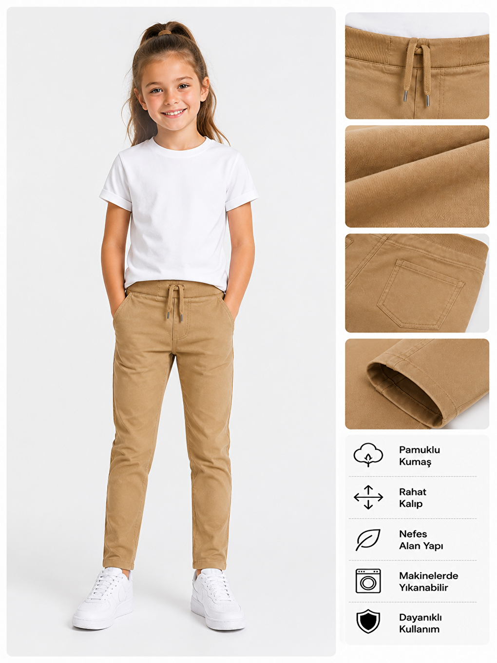 Bej Kız Çocuk Okul Pantolonu Unisex
