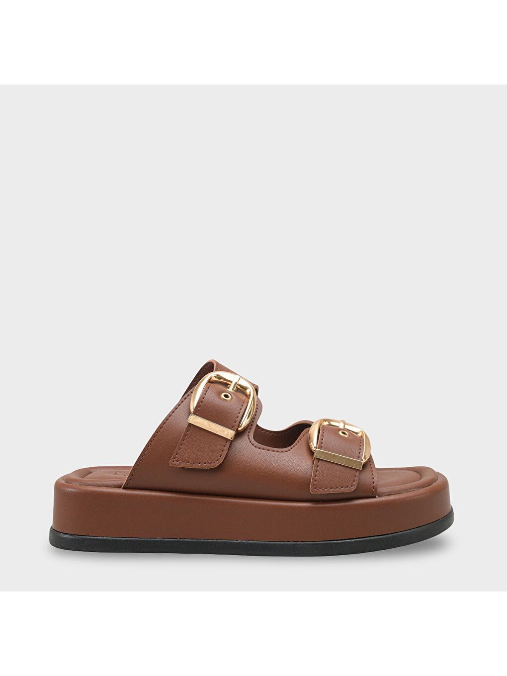 Kahverengi Vivien Dolgu Topuklu Çift Bantlı Tokalı Kadın Terlik