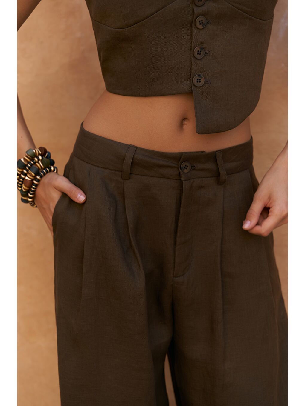 Kahverengi Lvdovila Kahve Keten Crop Yelek Pantolon Takım-6