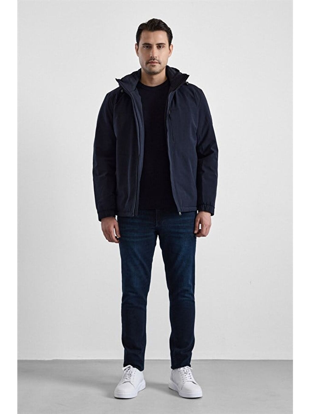 Lacivert Slim Klasik Yaka Düz Yan Cepli Fermuar Kapitone Rüzgar Geçirmez Mont-5