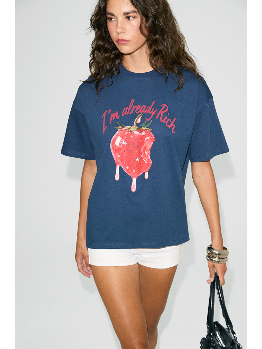 Preka Kadın %100 Pamuk Yumuşak Kumaşlı Baskı Detaylı Lacivert T-shirt