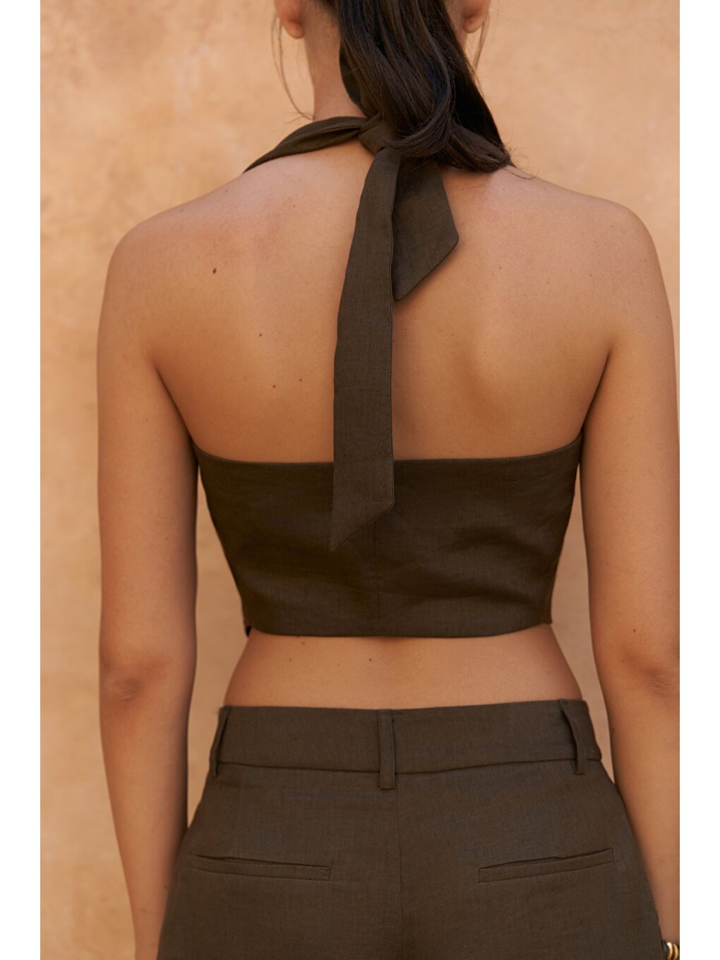 Kahverengi Lvdovila Kahve Keten Crop Yelek Pantolon Takım-7