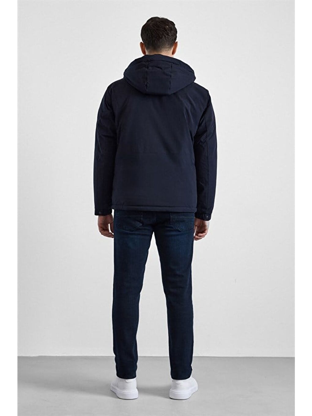 Lacivert Slim Klasik Yaka Düz Yan Cepli Fermuar Kapitone Rüzgar Geçirmez Mont-6