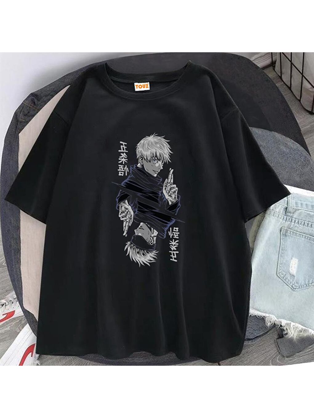 Touz Moda Siyah Jujutsu Kaisen Blade Baskılı Siyah Unisex Oversize T-shirt - 1