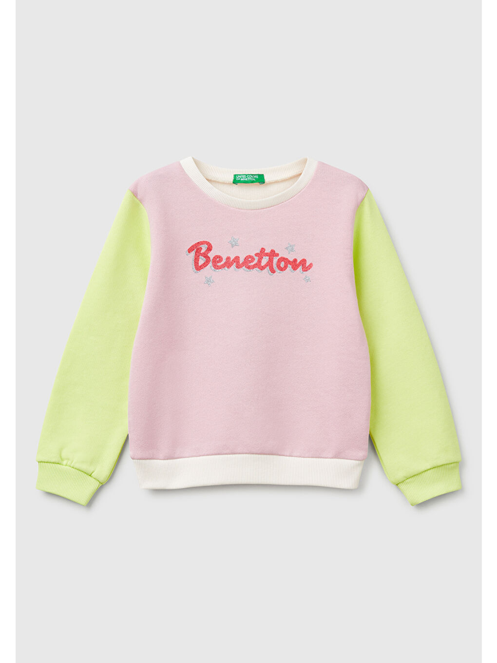 Kız Çocuk Pembe Mix Simli Benetton Logo Baskılı Bisiklet Yaka Sweatshirt