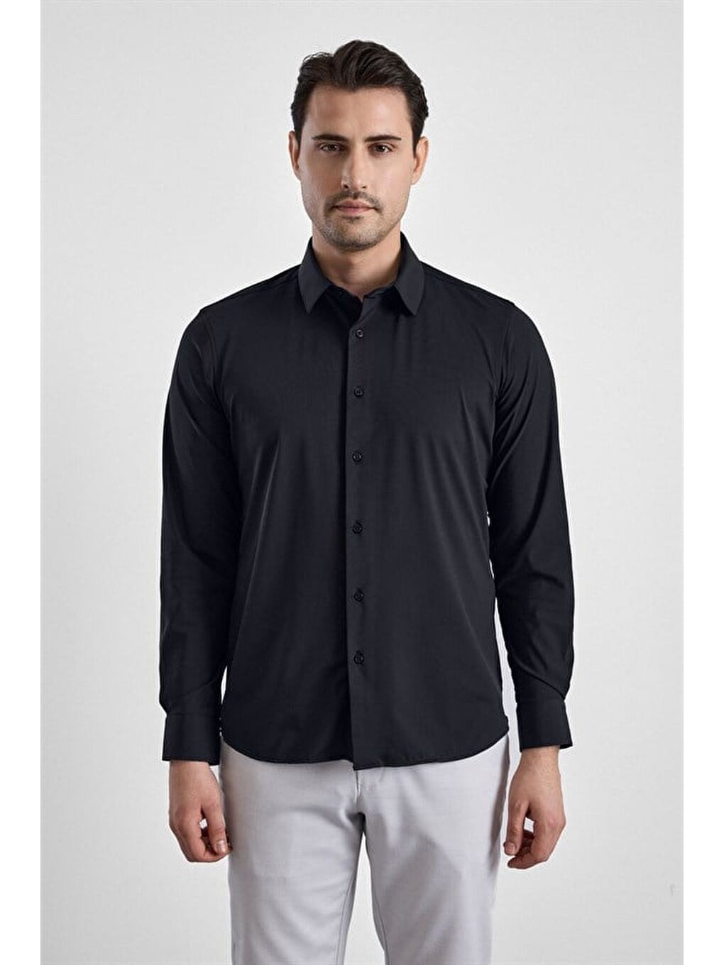 Siyah Slim Klasik Yaka Düz Casual Gömlek
