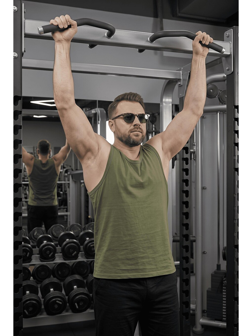Haki Büyük Beden Biye Detaylı Bisiklet Yaka Erkek Atlet - Fitness Ve Günlük Stil-1